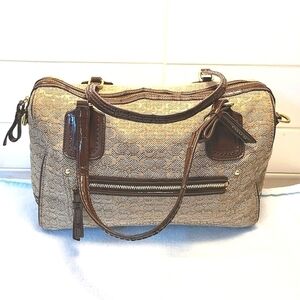 Coach Mini C Oxford Signature East West Satchel Khaki Canvas Mahogany Leather